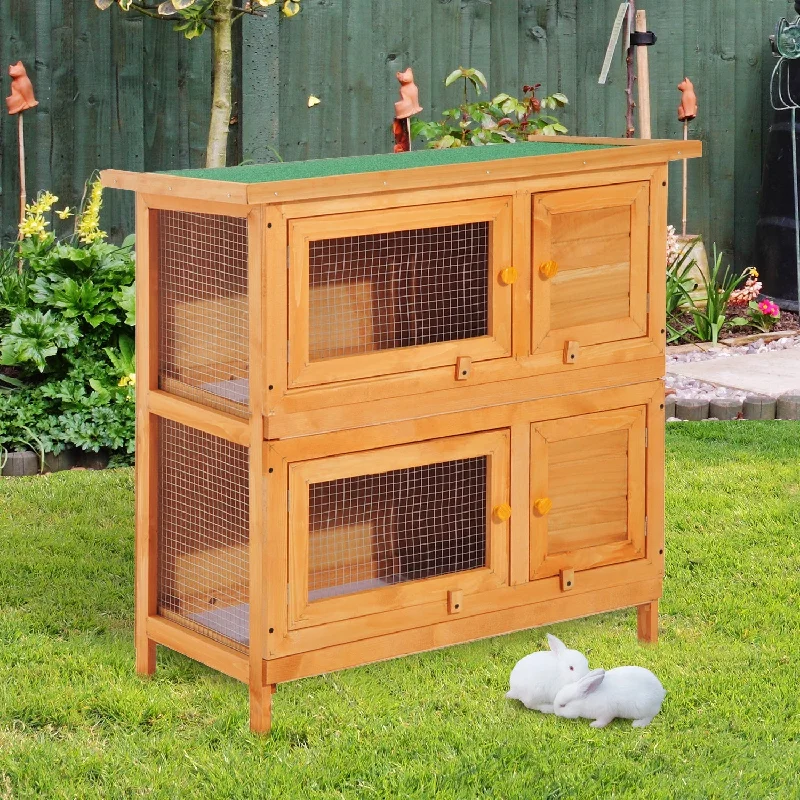  . **Dog traction rope is automatically retractable**PawHut 2-Tier Wooden Rabbit Hutch Guinea Pig Hutch Duck House Double Decker Pet Cage with Sliding Tray Opening Top