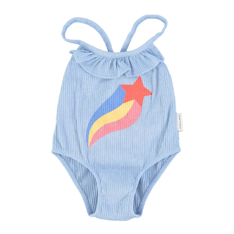 - Rabbit grass rack to prevent waste food boxPiupiuchick Blue Star Print Ruffle Swimsuit