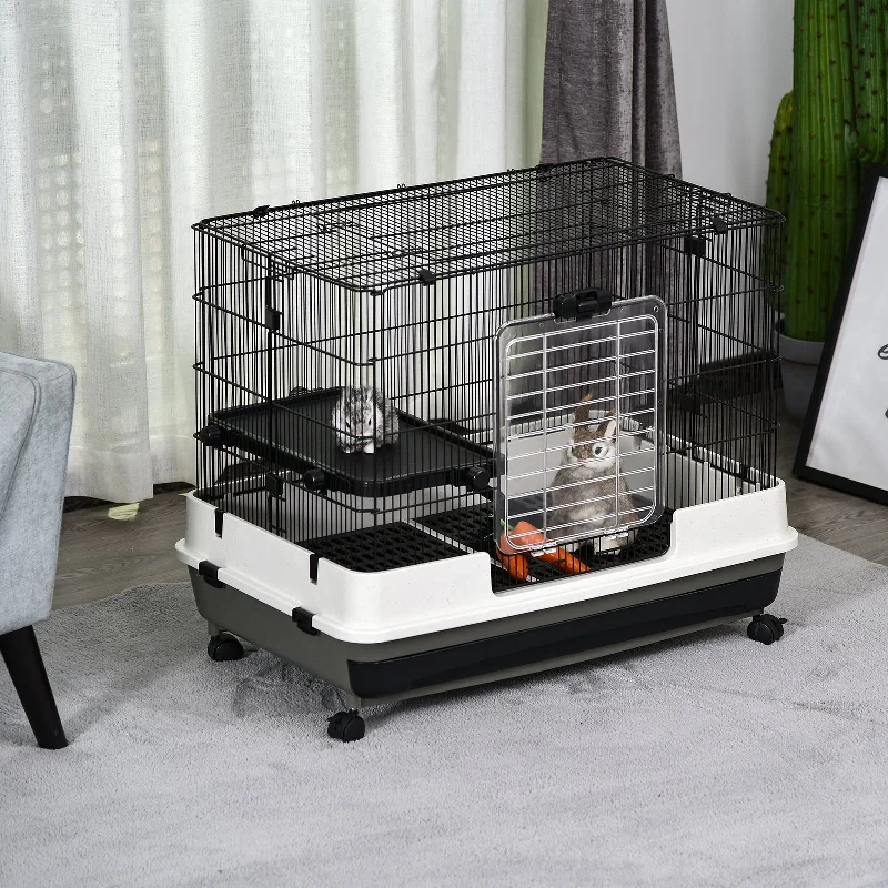  . **Pet traction rope is anti-explosion**PawHut 2 Tier Rolling Small Animal Rabbit Cage Chinchillas Hutch Pet Play House with Platform Ramp Removable Tray 80 x 52.7 x 66 cm