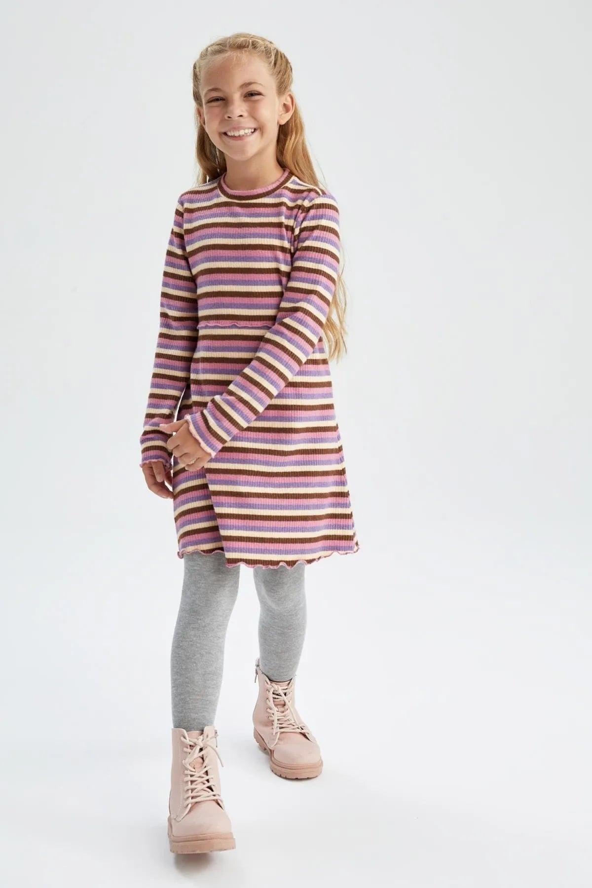 Pet ProductsDefacto Girl's Purple Striped Long Sleeve Ribbed Camisole Dress