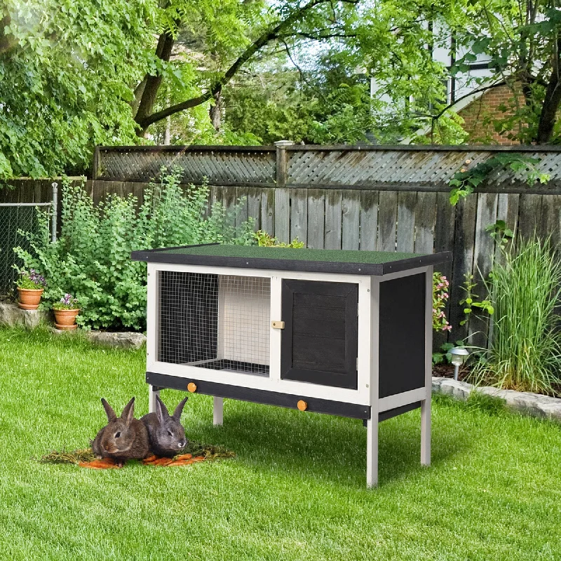  . **Pet food bowl is anti-slip design**PawHut Wooden Rabbit Hutch Small Animal Habitat w/ Dropping Tray Opeanble Asphalt Roof