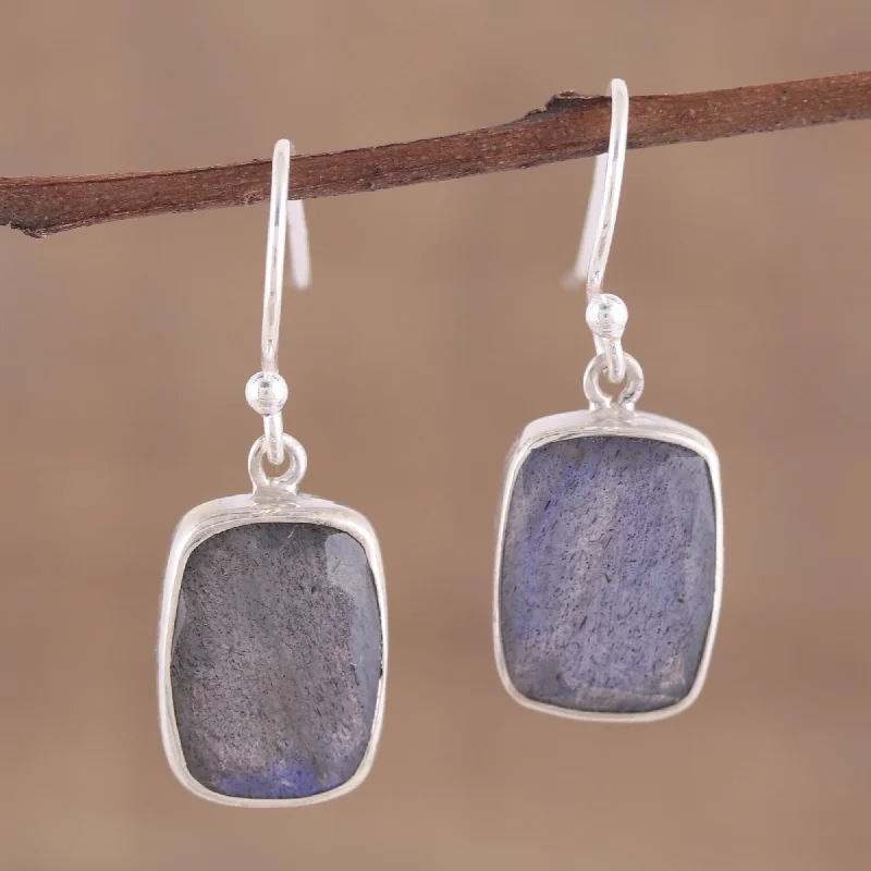 ---Darkening Mist 15 Carat Labradorite Earrings in Sterling Silver Bezels