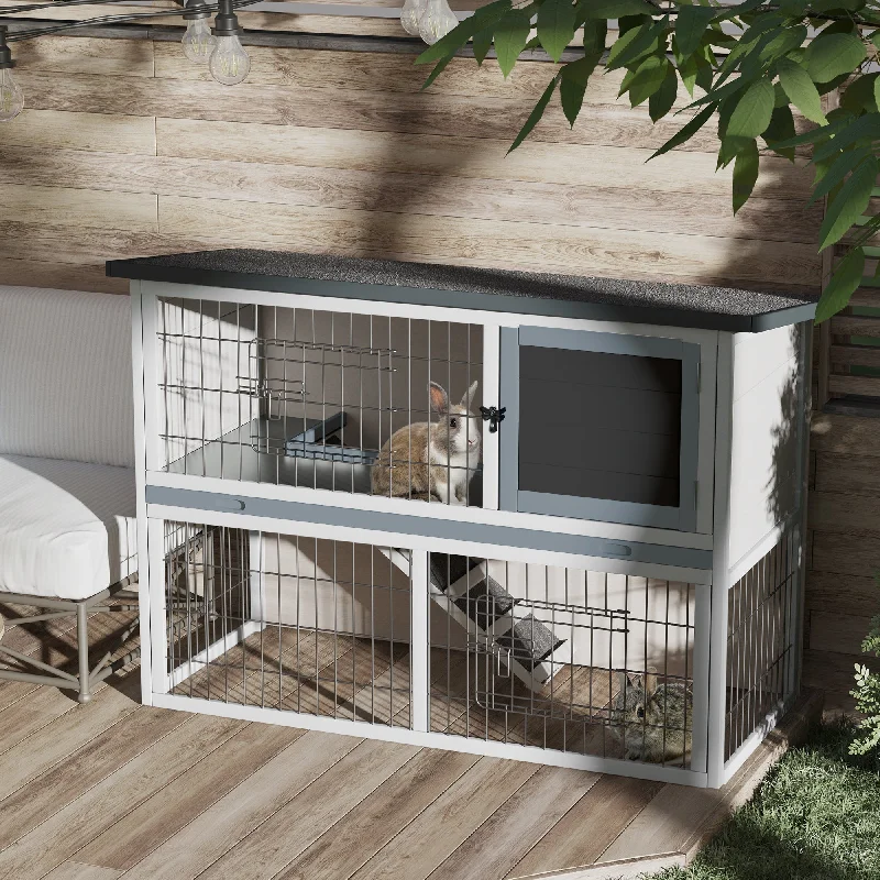 ### Dog accessoriesPawHut 2-Tier Wooden Rabbit Hutch Guinea Pig House Bunny Cage Backyard w/ Ramp Outdoor Run Built-in Tray Openable Roof Small Animal House Grey