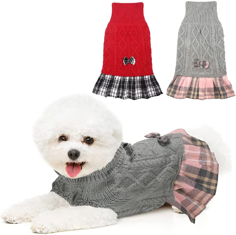 Pet walking leash setKUTKUT Pack of 2 Plaid Sweater Dress with Bowtie for Small Dogs - Dog Turtleneck Pullover Knitwear Cold Weather Sweater with Leash Hole, Suitable for Small Dogs, Cats Puppies